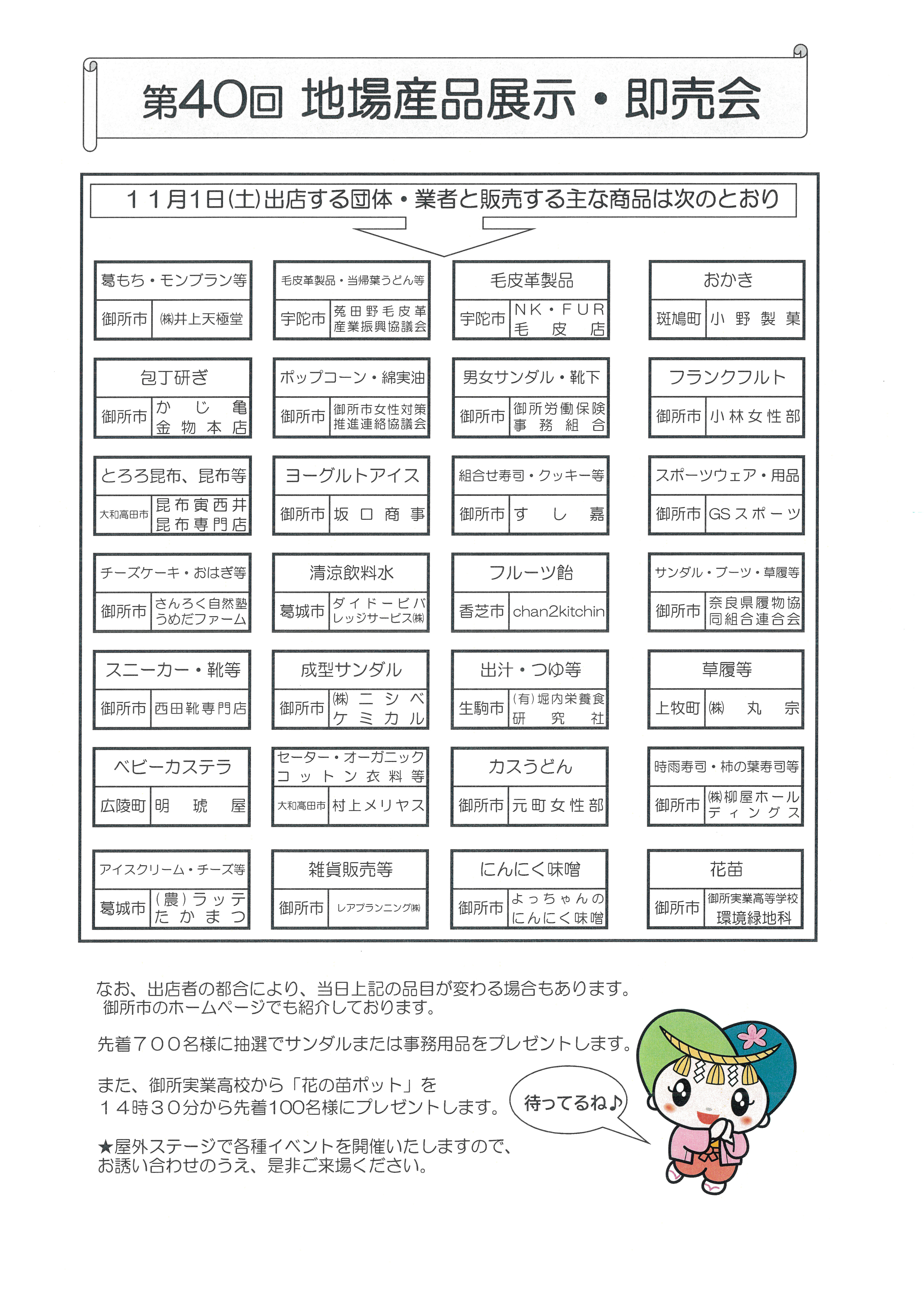 第40回地場産品展示・即売会出店団体・業者及び出店商品