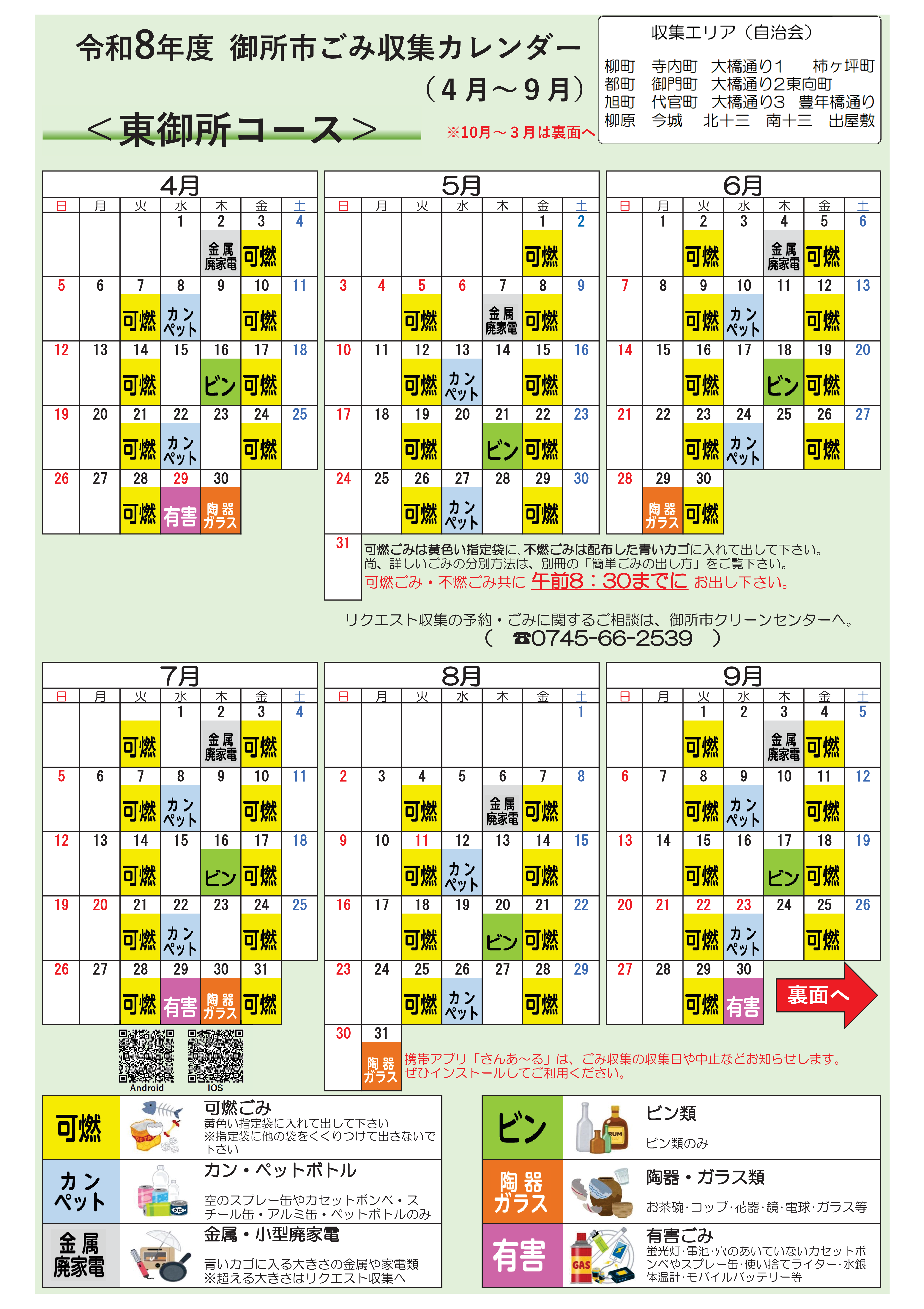 東御所コースの収集日程表(4月から9月)
