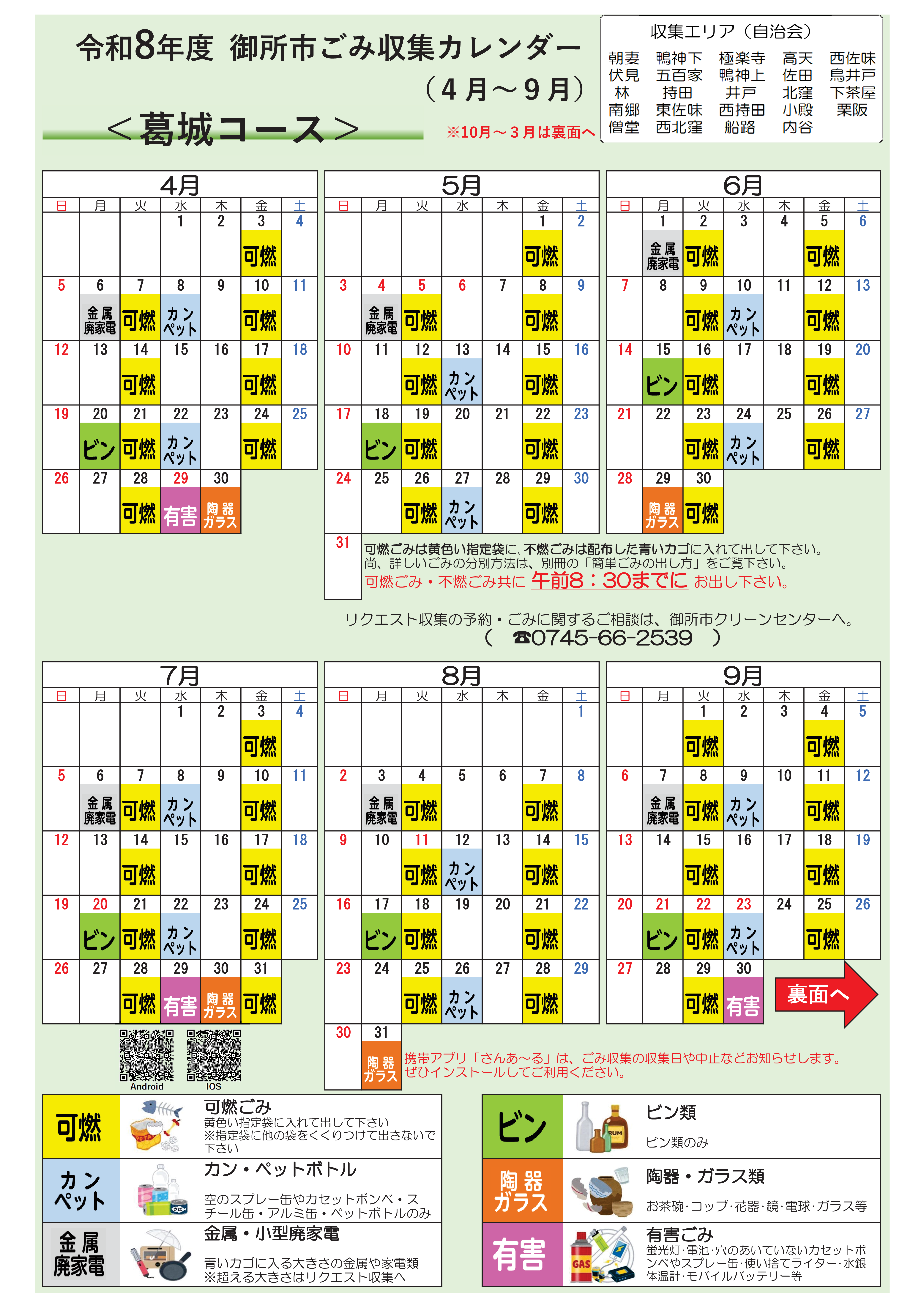 葛城コースの収集日程表(4月から9月)