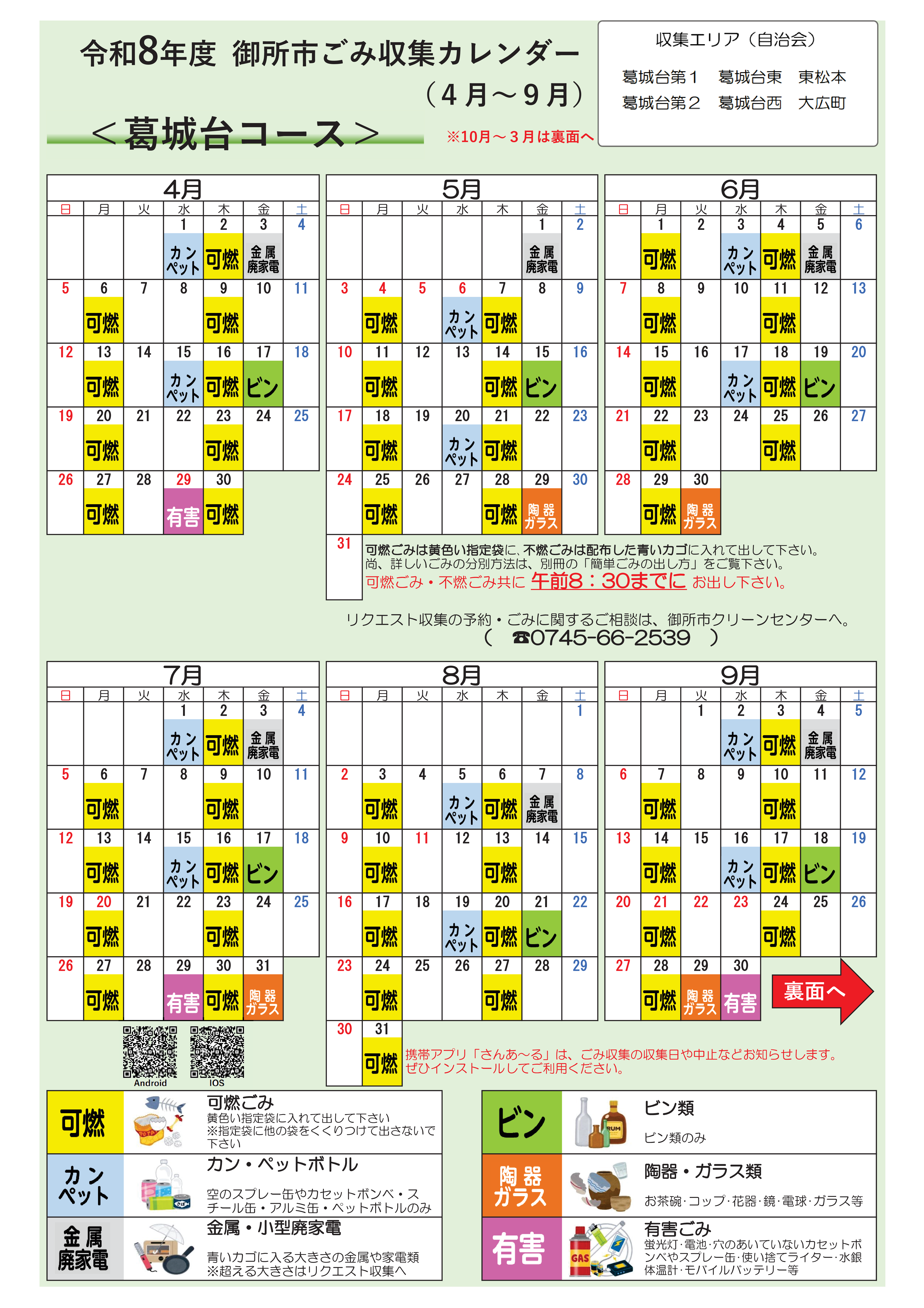 葛城台コースの収集日程表(4月から9月)